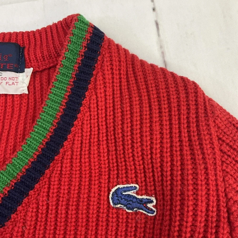 Vintage 80s Izod Lacoste‎ Sweater Kids Sz 6 Red Cable Knit V-Neck Acrylic